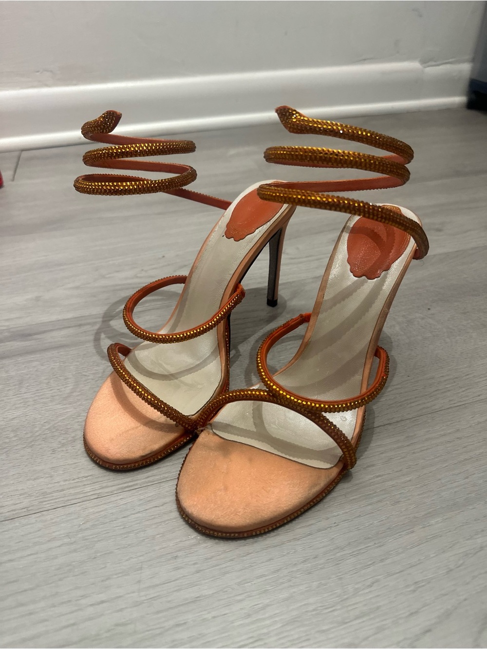 Rene Caovilla Metallic Orange Spiral Strap High Heels